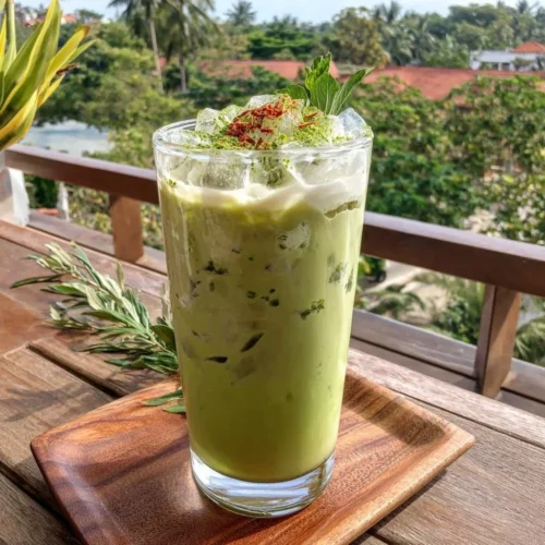 Receta de Matcha Latte Helado Casero en vaso con decoración