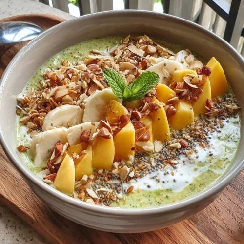 Smoothie bowl de mango, espinacas y leche de coco en un tazón colorido