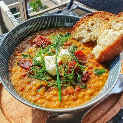 Sopa de lentejas rojas con cúrcuma en un tazón decorativo