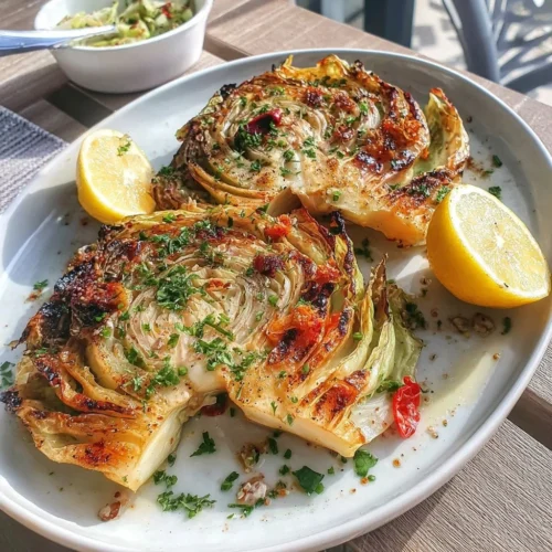 Steak de Repollo al Horno con Vinagreta de Limón en un plato atractivo