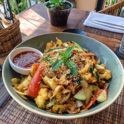 Wok de verduras crujientes con salsa de jengibre, colorido y saludable